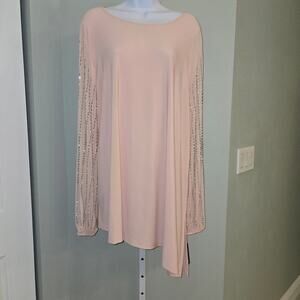 Marina Boat Neck Embellished Chiffon Long Sleeve Asymmetrical Hem Pink romantic